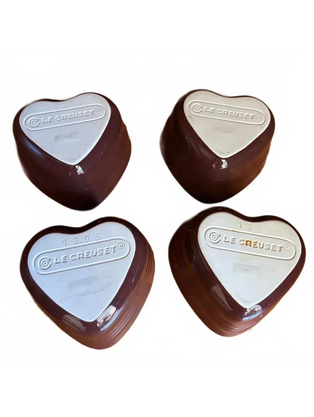 Le Creuset Heart Ramekin Mini Stoneware Lot of 4 Piece Set Brown Bicolor Pastel